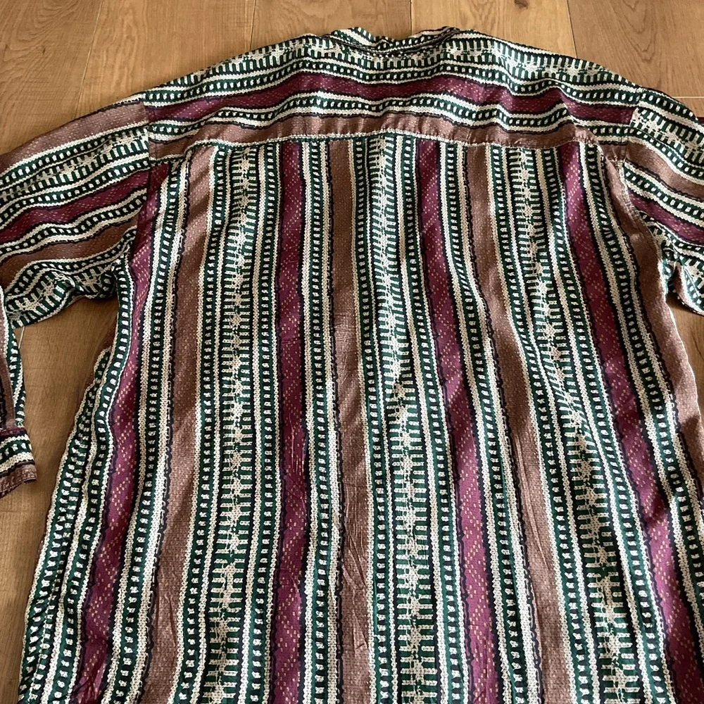 Henry Design 100% Silk Vintage Striped Dress Shirt Large Green Brown Red L Shirt - Picture 5 of 5